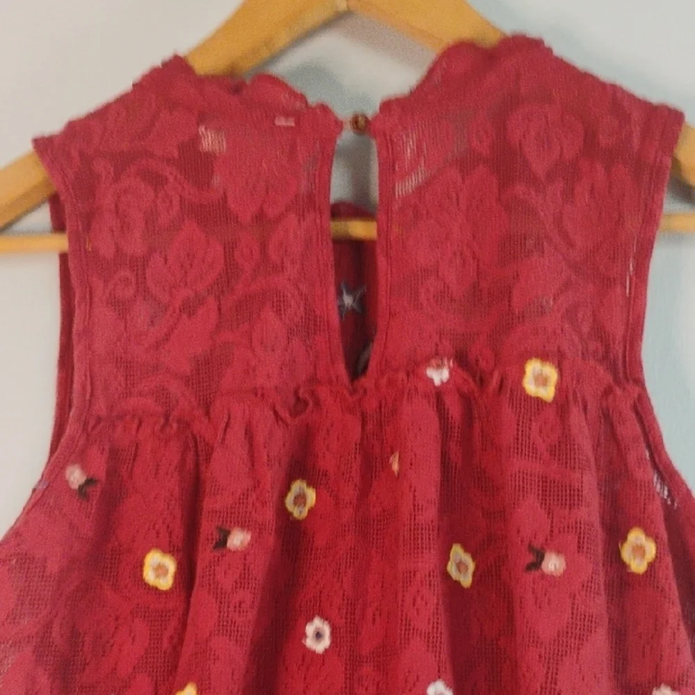 Mi ami Red Sleeveless Ruffled Crew Neck Floral Embroidered Sleeveless Sundress S